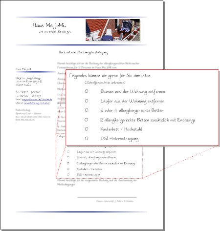 Auszug aus der Buchungsbestätigung mit Auswahlliste: Betten, Encasings, Kinderbett, Internetzugang
