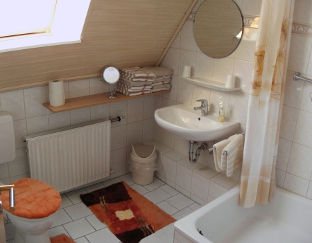 Helles Badezimmer mit Wanne, Waschbecken und Dachfenster