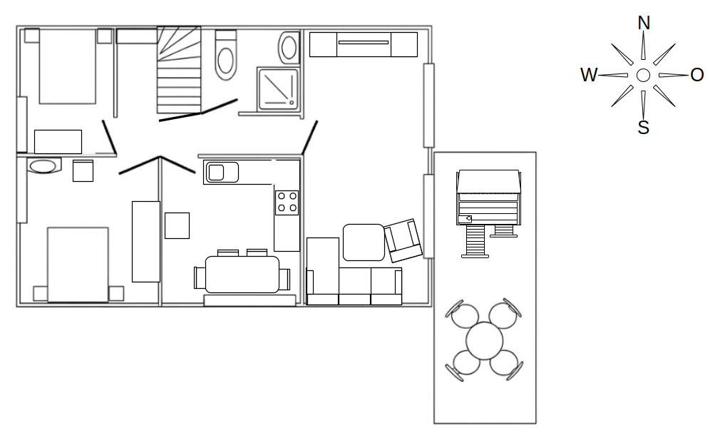 Grundriss der Ferienwohnung mit zwei Schlafzimmern, Wohnbereich, Küche, Bad, Terrasse und Kompassrose