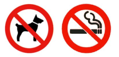 Hinweis-Schilder: Keine Tiere und nicht rauchen